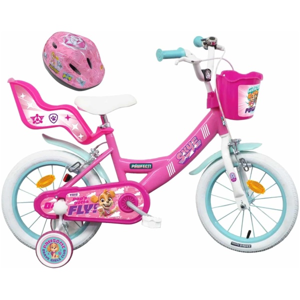 Vélo Enfant 14'' Fille Stella de la Pat' Patrouille équipé de 2 Freins, Panier Avant, Porte poupée arrière !et Casque Inclus !